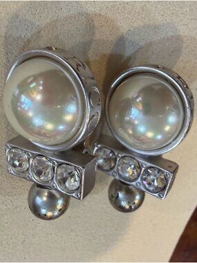 Vintage Nina Ricci Faux Pearl and Crystal Silver-Tone Clip Earrings